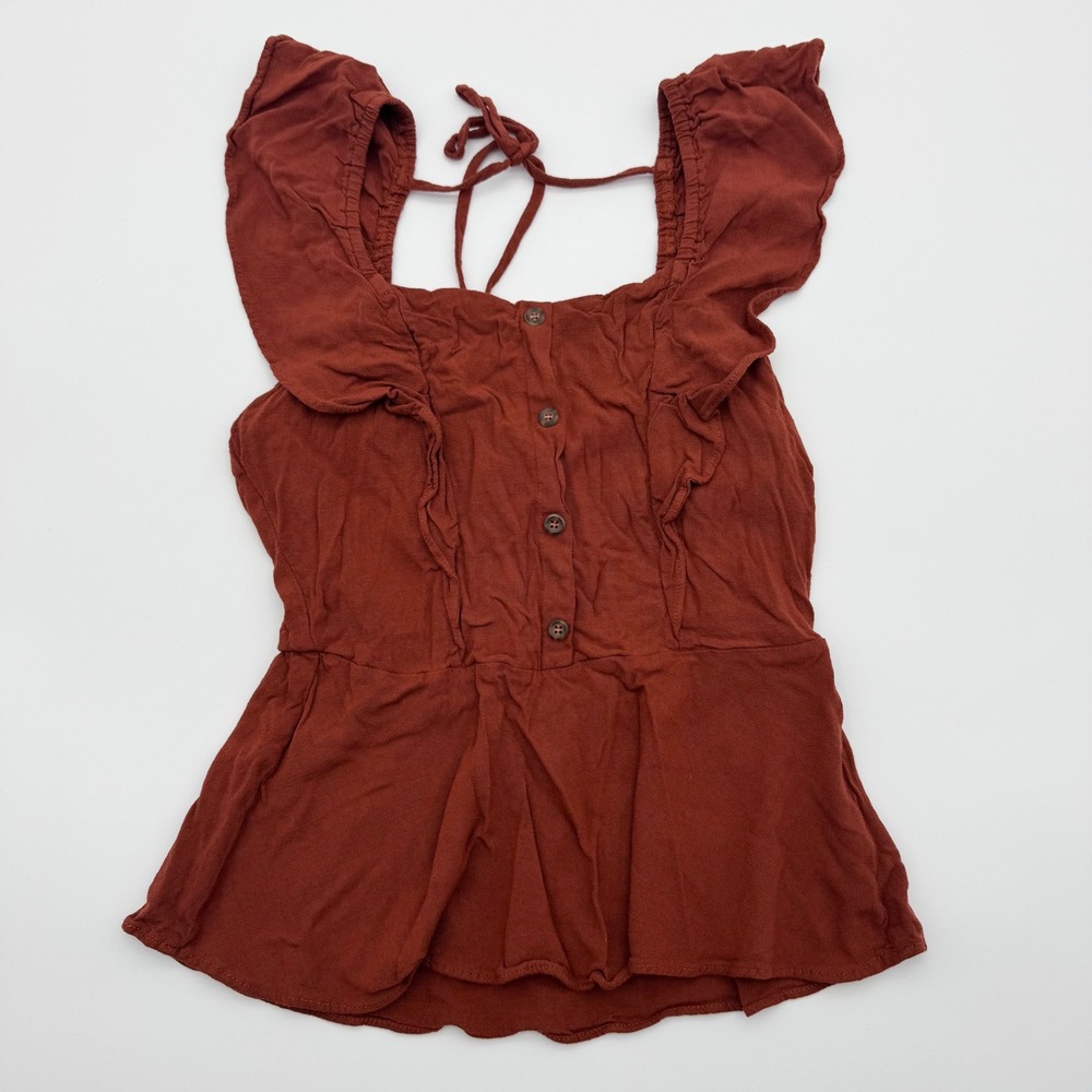 Moa Moa Rust Orange Ruffle Peplum Top Button Front Tie Back Womens S